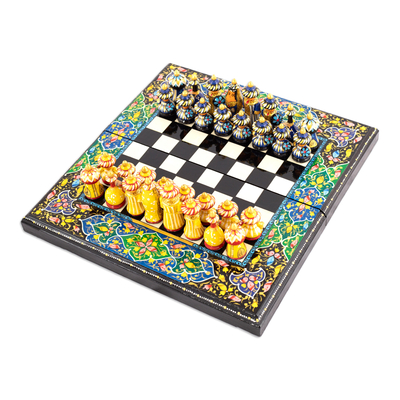 Wood chess set, 'Bukhara Gardens' - Handcrafted Floral and Leafy Black Walnut Wood Chess Set