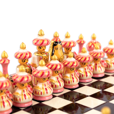 Wood chess set, 'Night Bukhara Folklore' - Handcrafted Painted Walnut Wood Chess Set in Black