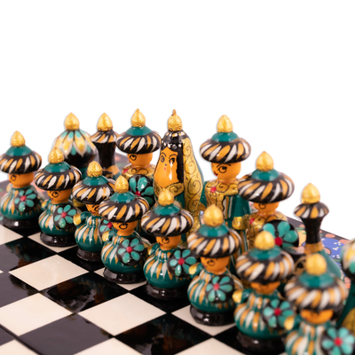 Wood chess set, 'Night Bukhara Folklore' - Handcrafted Painted Walnut Wood Chess Set in Black