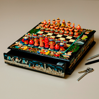 Wood chess set, 'Midnight in Bukhara' - Handcrafted Painted Traditional Walnut Wood Chess Set