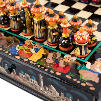Wood chess set, 'Midnight in Bukhara' - Handcrafted Painted Traditional Walnut Wood Chess Set