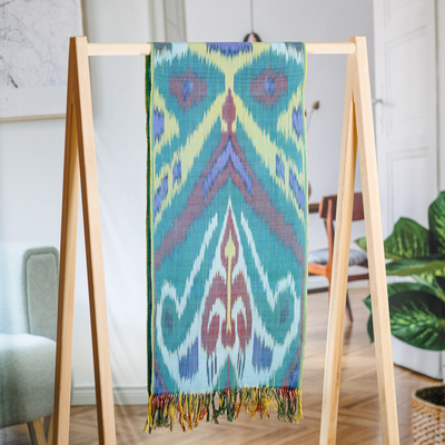 Cotton ikat scarf, 'Fergana Forest' - colourful Fringed Cotton Ikat Scarf Hand-Woven in Uzbekistan