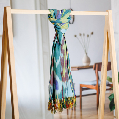 Cotton ikat scarf, 'Fergana Forest' - colourful Fringed Cotton Ikat Scarf Hand-Woven in Uzbekistan