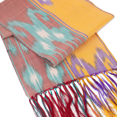 Silk ikat scarf, 'Samarkand Sunrise' - Multicolored Fringed Silk Ikat Scarf Handmade in Uzbekistan