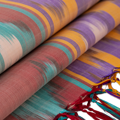 Silk ikat scarf, 'Samarkand Sunrise' - Multicolored Fringed Silk Ikat Scarf Handmade in Uzbekistan