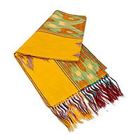 Silk ikat scarf, 'Samarkand Desert' - Yellow Orange Fringed Silk Ikat Scarf Handmade in Uzbekistan