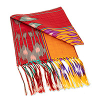 Silk ikat scarf, 'Samarkand Sunset' - Colorful Fringed Silk Ikat Scarf Hand-Woven in Uzbekistan