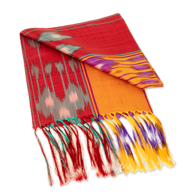 Silk ikat scarf, 'Samarkand Sunset' - Colorful Fringed Silk Ikat Scarf Hand-Woven in Uzbekistan