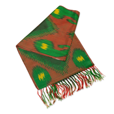 Silk ikat scarf, 'Samarkand Heritage' - Hand-Woven Fringed Silk Ikat Scarf in Brown Green and Yellow