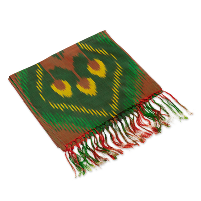 Pañuelo ikat de seda - Bufanda Ikat de Seda Tejida a Mano con Flecos Marrón Verde y Amarillo