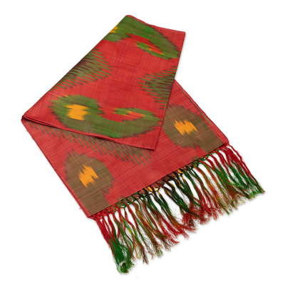 Silk ikat scarf, 'Samarkand Market' - Hand-Woven Fringed Silk Ikat Scarf in Red Brown and Yellow