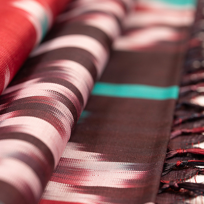 Ikat silk scarf, 'Intense Samarkand' - Handwoven Ikat Silk Scarf with Fringes and a Vibrant Palette