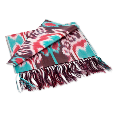 Ikat silk scarf, 'Serene Samarkand' - Handwoven Silk Scarf with Fringes and a Bright Palette