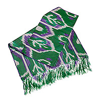 Chal de seda, 'Green Oasis' - Chal de seda verde geométrico tradicional tejido a mano