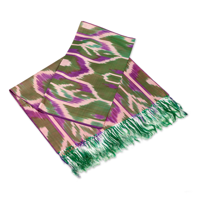 Seidenschal - Handgewebter traditioneller geometrischer Schal aus olivfarbener Seide