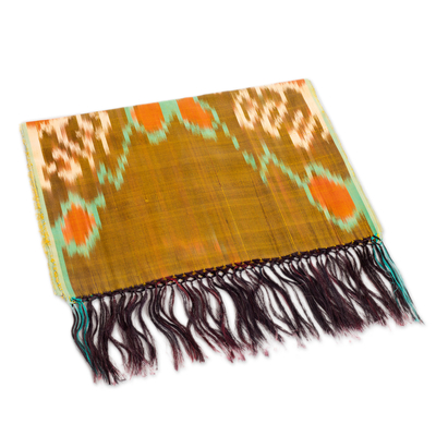 Silk scarf, 'Warm Samarkand' - Handwoven Silk Scarf with Fringes and a Warm Palette