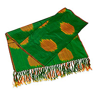 Silk shawl, 'Green Bukhara' - Handwoven Traditional Green and Yellow Silk Shawl