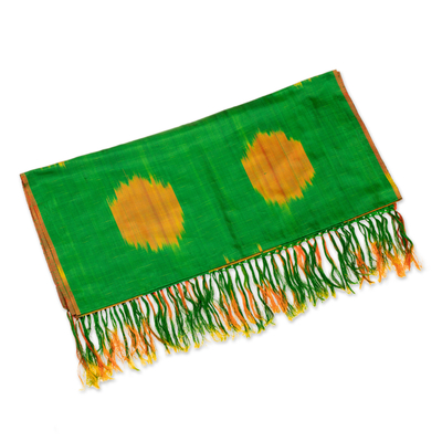 Silk shawl, 'Green Bukhara' - Handwoven Traditional Green and Yellow Silk Shawl