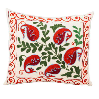 Embroidered cotton and viscose cushion cover, 'Suzani Pepper' - Suzani-Style Pepper-Themed Cotton and Viscose Cushion Cover