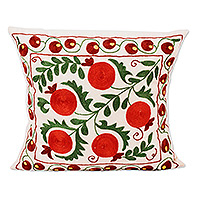 Embroidered cotton and viscose cushion cover, 'Suzani Pomegranate' - Suzani Pomegranate-Themed Cotton and Viscose Cushion Cover