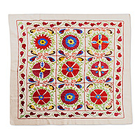 Embroidered cotton and silk tablecloth, 'Fertility Garden' - Embroidered Floral Cotton and Silk Tablecloth in Warm Hues