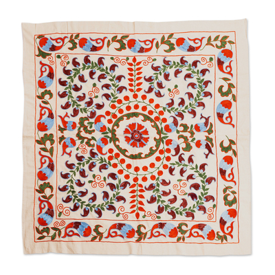 Mantel de algodón y seda bordado, 'Floral Breezes' - Mantel de algodón y seda floral bordado a mano