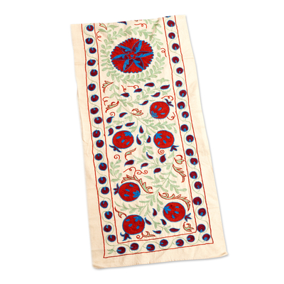Embroidered cotton and silk table runner, 'Pomegranate Season' - Embroidered Vibrant Pomegranate Cotton and Silk Table Runner