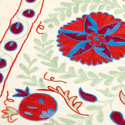 Embroidered cotton and silk table runner, 'Pomegranate Season' - Embroidered Vibrant Pomegranate Cotton and Silk Table Runner