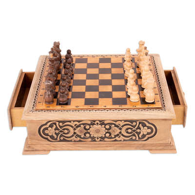 Wood chess set, 'Cappuccino' - Chess Set Hand-Carved in Walnut Wood with Floral Motifs