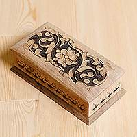 Wood jewelry box, 'Garden Jewels' - Traditional and Floral Polished Walnut Wood Jewelry Box