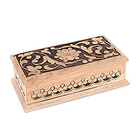 Walnut wood jewelry box, 'Arabesque Flowers' - Hand-Carved Walnut Wood Jewelry Box with Arabesque Motifs