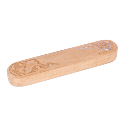 Caja de lápices de madera, 'Bukhara Splendor' - Caja de lápices de madera tallada y pintada a mano con motivo floral