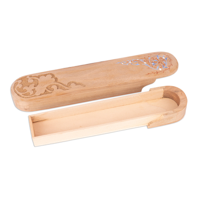 Wood pencil box, 'Bukhara Splendor' - Wood Pencil Box Carved and Painted by Hand with Floral Motif