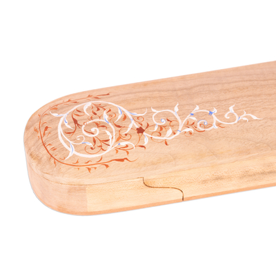 Wood watch box, 'Ethereal Treasure' - Traditional Floral Walnut and Sycamore Wood Watch Box