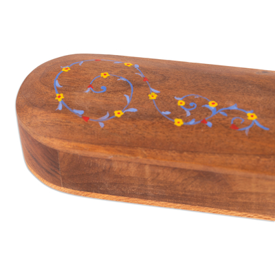 Wood watch box, 'Great Treasure' - Traditional Floral Walnut and Sycamore Brown Wood Decor Box