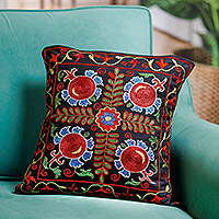 Embroidered cotton cushion cover, 'Pomegranate Nights' - Pomegranate Embroidered Cotton Cushion Cover