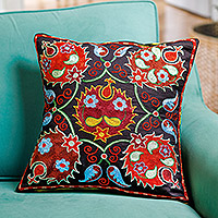 Embroidered cotton cushion cover, 'Yurt Nights' - Floral Embroidered Cotton Cushion Cover