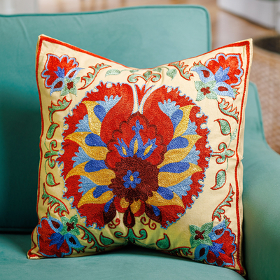 Embroidered cotton cushion cover, 'Samarkand Garden' - Floral and Leaf Embroidered Cotton and Viscose Cushion Cover