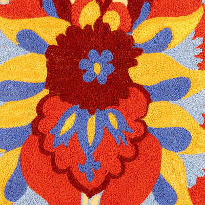 Embroidered cotton cushion cover, 'Samarkand Garden' - Floral and Leaf Embroidered Cotton and Viscose Cushion Cover