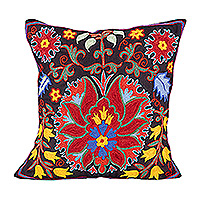 Embroidered cotton cushion cover, 'Suzani Nights' - Nature-Themed Embroidered Cotton Cushion Cover