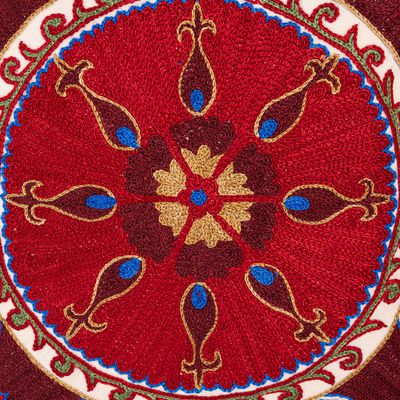 Embroidered cotton cushion cover, 'Flowering Flora' - Traditional Floral Cotton Cushion Cover in Red