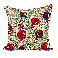 Embroidered cotton cushion cover, 'Pomegranate Forest' - Fruit-Themed Embroidered Cotton and Viscose Cushion Cover