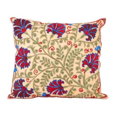 Embroidered cotton cushion cover, 'Bukhara Forest' - Leaf and Floral Embroidered Cotton and Viscose Cushion Cover