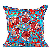 Funda de cojín de algodón bordado, 'Pomegranate Dawn' - Funda de cojín de algodón y viscosa azul con motivos de granada