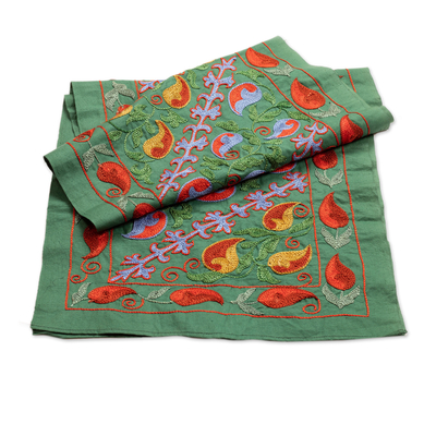 Embroidered cotton table runner, 'Almond Forest' - Handmade Embroidered Green Cotton Table Runner