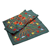 Embroidered cotton table runner, 'Prosperous Lineage' - Embroidered Classic Green Cotton Table Runner