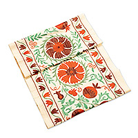 Camino de mesa de algodón bordado, 'Imperial Fruit' - Camino de mesa floral de algodón naranja clásico bordado