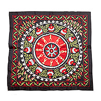 Embroidered cotton suzani tablecloth, 'Abundance Nights' - Embroidered Suzani Style Black Cotton Tablecloth