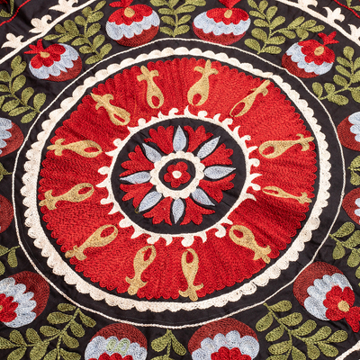 Embroidered cotton suzani tablecloth, 'Abundance Nights' - Embroidered Suzani Style Black Cotton Tablecloth