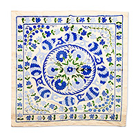 Embroidered cotton and silk tablecloth, 'Uzbek Garden' - Handmade Embroidered Floral Blue Cotton and Silk Tablecloth